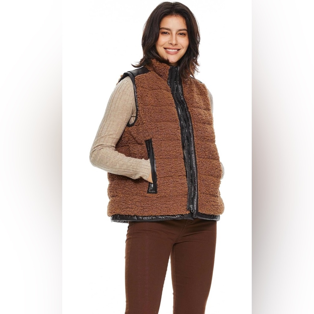 Orolay Faux Fur Down Vest- Brown with Black Trim XL